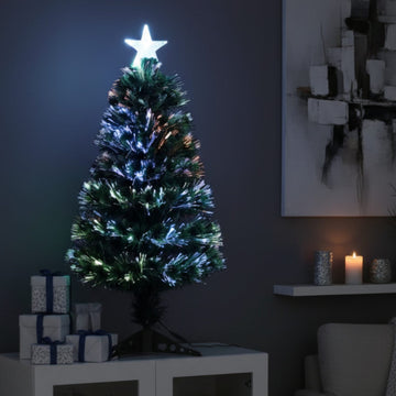 Olsen & Smith 3ft Fibre Optic Christmas Tree – Artificial Small Pre Lit Xmas Tree with Multicolour LED Lights, Star Tree Topper, 90 Branch Tips & Secure Base for Home or Office